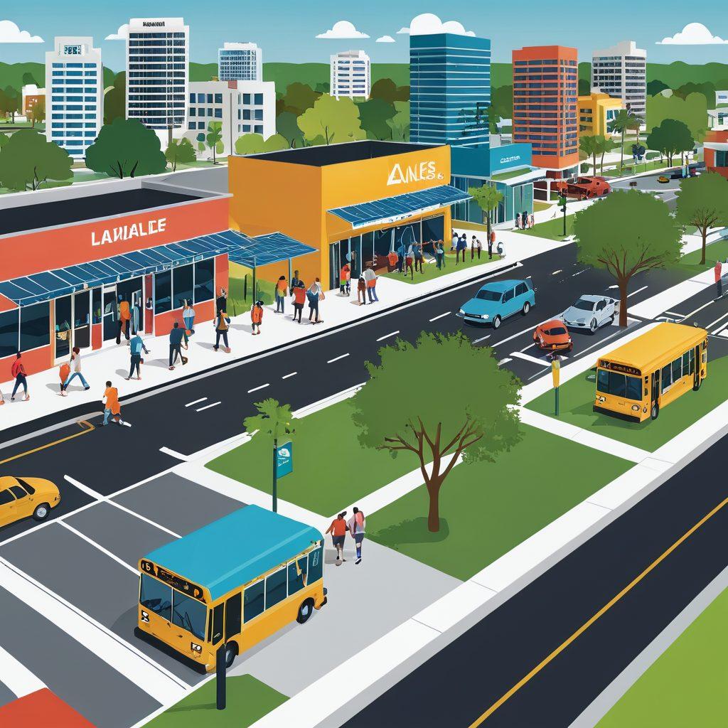 A bustling cityscape of Lauderdale Lakes with key landmarks highlighted, including office buildings, parks, and a community center. People engaging in various services like public transport, community meetings, and enjoying leisure activities. The backdrop should show city services icons like buses, recycling bins, and information kiosks. Vector art. vibrant colors. clean and modern style.