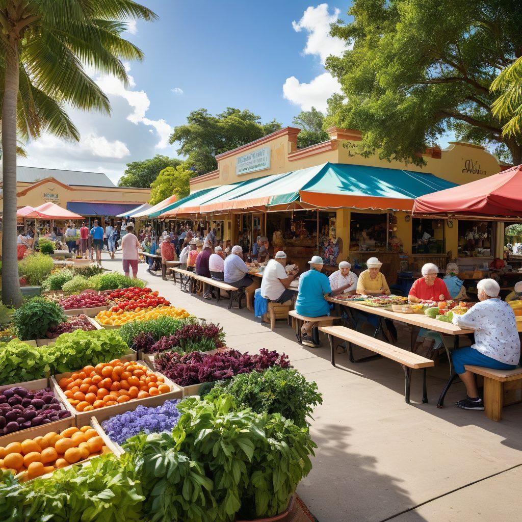 A vibrant community gathering in Lauderdale Lakes with diverse residents engaging in activities like a local market, children playing, and elderly sharing stories. Highlight local landmarks, lush greenery, and a friendly atmosphere, showcasing unity and support. super-realistic. vibrant colors.