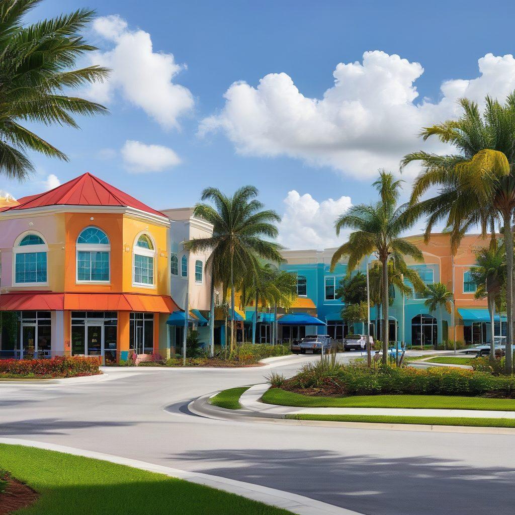 A vibrant cityscape of Lauderdale Lakes with essential services such as healthcare facilities, schools, parks, and community centers prominently highlighted. Cheerful families and diverse community groups engaged in various activities, showcasing a strong sense of community and support. Artwork should emphasize inclusivity and warmth. painting. vibrant colors.